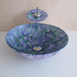 Bathroom Sink Set,Tempered glass Vessel Sink With Waterfall Tap,Mounting Ring and Water Drain