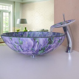Bathroom Sink Set,Tempered glass Vessel Sink With Waterfall Tap,Mounting Ring and Water Drain