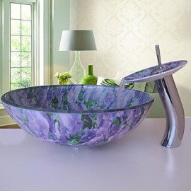 Bathroom Sink Set,Tempered glass Vessel Sink With Waterfall Tap,Mounting Ring and Water Drain