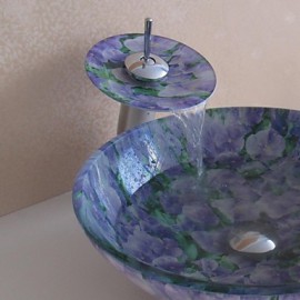 Bathroom Sink Set,Tempered glass Vessel Sink With Waterfall Tap,Mounting Ring and Water Drain