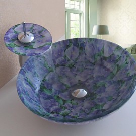 Bathroom Sink Set,Tempered glass Vessel Sink With Waterfall Tap,Mounting Ring and Water Drain