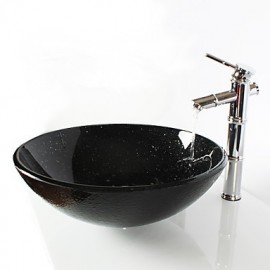 Black Round Tempered Glass Vessel Sink with Bamboo Tap ,Pop - Up Drain and Mounting Ring