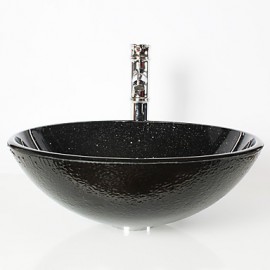 Black Round Tempered Glass Vessel Sink with Bamboo Tap ,Pop - Up Drain and Mounting Ring
