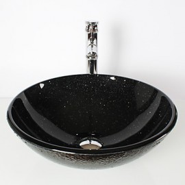 Black Round Tempered Glass Vessel Sink with Bamboo Tap ,Pop - Up Drain and Mounting Ring