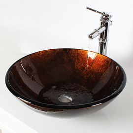 Coppery Round Tempered Glass Vessel Sink with Bamboo Tap ,Pop - Up Drain and Mounting Ring