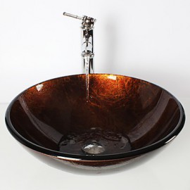 Coppery Round Tempered Glass Vessel Sink with Bamboo Tap ,Pop - Up Drain and Mounting Ring