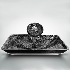 Black+White Rectangular Tempered Glass Vessel Sink with Waterfall Tap Pop - Up Drain and Mounting Ring