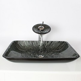 Black+White Rectangular Tempered Glass Vessel Sink with Waterfall Tap Pop - Up Drain and Mounting Ring