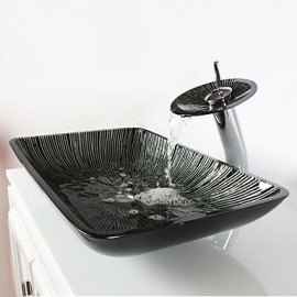 Black+White Rectangular Tempered Glass Vessel Sink with Waterfall Tap Pop - Up Drain and Mounting Ring