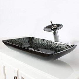 Black+White Rectangular Tempered Glass Vessel Sink with Waterfall Tap Pop - Up Drain and Mounting Ring