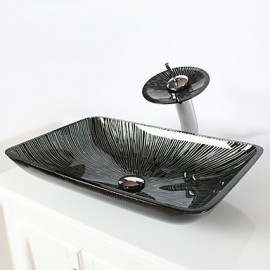 Black+White Rectangular Tempered Glass Vessel Sink with Waterfall Tap Pop - Up Drain and Mounting Ring