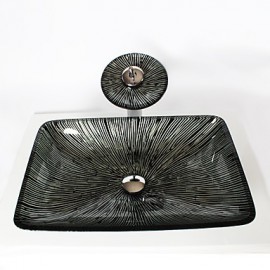Black+White Rectangular Tempered Glass Vessel Sink with Waterfall Tap Pop - Up Drain and Mounting Ring