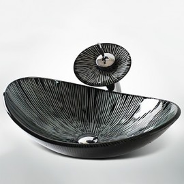 Black+White Boat-shaped Tempered Glass Vessel Sink with Waterfall Tap Pop - Up Drain and Mounting Ring