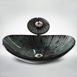 Black+White Boat-shaped Tempered Glass Vessel Sink with Waterfall Tap Pop - Up Drain and Mounting Ring