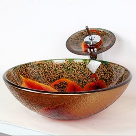 Colourful Round Tempered Glass Vessel Sink with Waterfall Tap ,Pop - Up Drain and Mounting Ring
