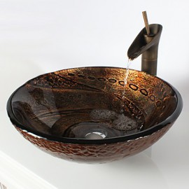 Retro Pattern Round Tempered Glass Vessel Sink with Retro Cup Tap ,Pop - Up Drain and Mounting Ring