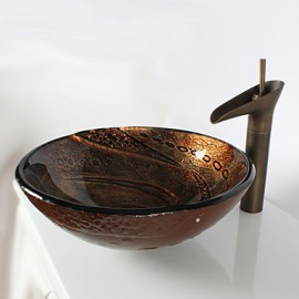 Retro Pattern Round Tempered Glass Vessel Sink with Retro Cup Tap ,Pop - Up Drain and Mounting Ring