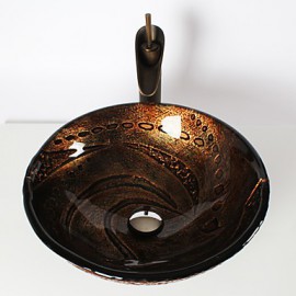 Retro Pattern Round Tempered Glass Vessel Sink with Retro Cup Tap ,Pop - Up Drain and Mounting Ring