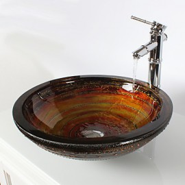 Multicolour Round Tempered Glass Vessel Sink with Bamboo Tap ,Pop - Up Drain and Mounting Ring
