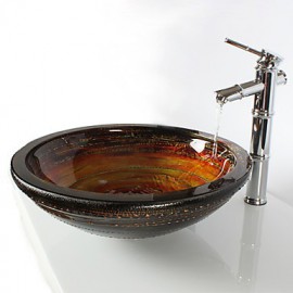 Multicolour Round Tempered Glass Vessel Sink with Bamboo Tap ,Pop - Up Drain and Mounting Ring