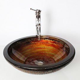 Multicolour Round Tempered Glass Vessel Sink with Bamboo Tap ,Pop - Up Drain and Mounting Ring