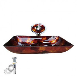 Golden Tempered Glass Vessel Sink With Waterfall Tap ,Pop - Up drain and Mounting Ring