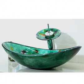 Multicolour Boat-shaped Tempered Glass Vessel Sink with Waterfall Tap Pop - Up Drain and Mounting Ring