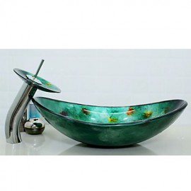 Multicolour Boat-shaped Tempered Glass Vessel Sink with Waterfall Tap Pop - Up Drain and Mounting Ring