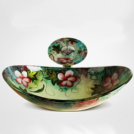 Multicolour Boat-shaped Tempered Glass Vessel Sink with Waterfall Tap Pop - Up Drain and Mounting Ring
