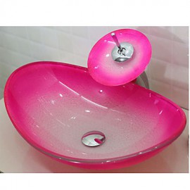 Pink Boat-shaped Tempered Glass Vessel Sink with Waterfall Tap Pop - Up Drain and Mounting Ring