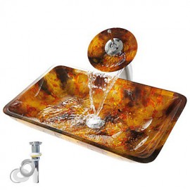 Golden Rectangular Tempered Glass Vessel Sink With Waterfall Tap ,Pop - Up drain and Mounting Ring