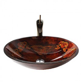 Retro Pattern Oval Tempered Glass Vessel Sink with Retro Cup Tap ,Pop - Up Drain and Mounting Ring