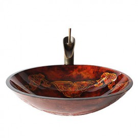 Retro Pattern Oval Tempered Glass Vessel Sink with Retro Cup Tap ,Pop - Up Drain and Mounting Ring