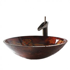 Retro Pattern Oval Tempered Glass Vessel Sink with Retro Cup Tap ,Pop - Up Drain and Mounting Ring