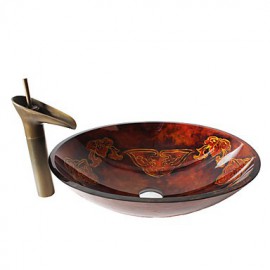 Retro Pattern Oval Tempered Glass Vessel Sink with Retro Cup Tap ,Pop - Up Drain and Mounting Ring
