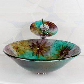 Colourful Hat Shape Tempered Glass Vessel Sink with Waterfall Tap ,Pop - Up Drain and Mounting Ring