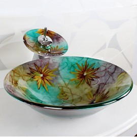 Colourful Hat Shape Tempered Glass Vessel Sink with Waterfall Tap ,Pop - Up Drain and Mounting Ring