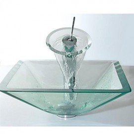Square Transparent Tempered Glass Vessel Sink with Waterfall Tap ,Pop - Up Drain and Mounting Ring