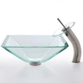 Square Transparent Tempered Glass Vessel Sink with Waterfall Tap ,Pop - Up Drain and Mounting Ring