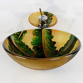 Colourful Round Tempered Glass Vessel Sink with Waterfall Tap ,Pop - Up Drain and Mounting Ring