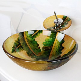 Colourful Round Tempered Glass Vessel Sink with Waterfall Tap ,Pop - Up Drain and Mounting Ring