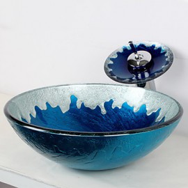 Blue Round Tempered Glass Vessel Sink with Waterfall Tap ,Pop - Up Drain and Mounting Ring