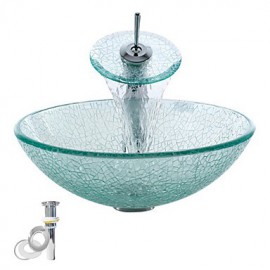 Transparent Tempered Glass Vessel Sink With Waterfall Tap ,Pop - Up drain and Mounting Ring