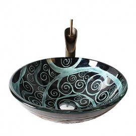 Retro Pattern Round Tempered Glass Vessel Sink with Retro Cup Tap ,Pop - Up Drain and Mounting Ring