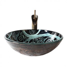 Retro Pattern Round Tempered Glass Vessel Sink with Retro Cup Tap ,Pop - Up Drain and Mounting Ring