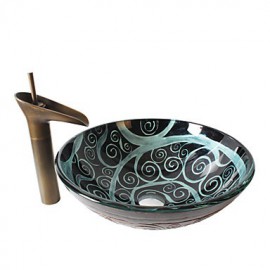 Retro Pattern Round Tempered Glass Vessel Sink with Retro Cup Tap ,Pop - Up Drain and Mounting Ring
