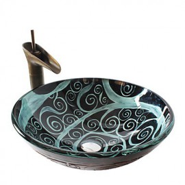 Retro Pattern Round Tempered Glass Vessel Sink with Retro Cup Tap ,Pop - Up Drain and Mounting Ring