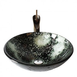 Retro Pattern Round Tempered Glass Vessel Sink with Retro Cup Tap ,Pop - Up Drain and Mounting Ring