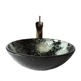 Retro Pattern Round Tempered Glass Vessel Sink with Retro Cup Tap ,Pop - Up Drain and Mounting Ring