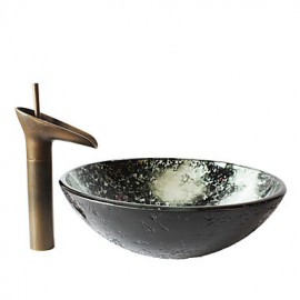 Retro Pattern Round Tempered Glass Vessel Sink with Retro Cup Tap ,Pop - Up Drain and Mounting Ring